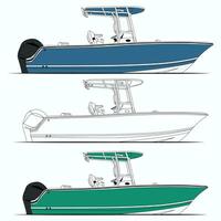 Side view fishing boat vector line art illustration and one color