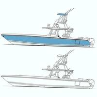 Side view fishing boat vector line art illustration and one color