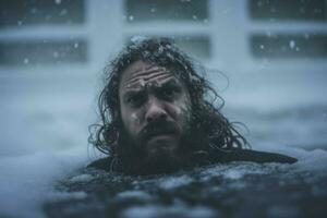 Man with beard immersing in icy water on winter day. Generate Ai photo