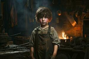 Skillful Blacksmith child forge. Generate Ai photo