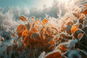 Frozen bright orange leaves. Generate ai photo