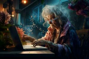 Wise Computer old woman blogger. Generate Ai photo