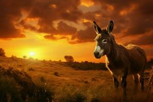 Tranquil Donkey field sunset. Generate Ai photo