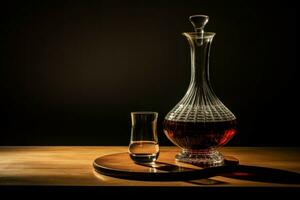Glass and decanter on table against light background. Generate Ai photo