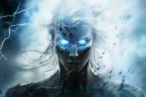 Warrior of lightning with blue eyes. Generate Ai photo