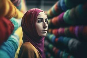mujer vistiendo hijab en tela tienda. generar ai foto