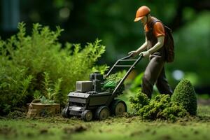 Diligent Gardener mowing grass. Generate Ai photo