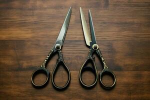 Three professional metal scissors with black handle. Generate Ai photo