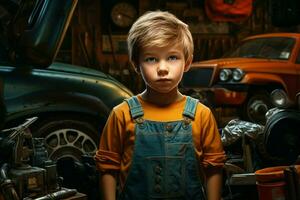 Industrious Car mechanic child garage. Generate Ai photo