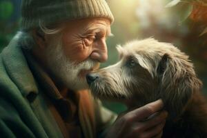 antiguo hombre con su amado mascota. generar ai foto