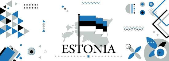 Estonia national or independence day banner design for country celebration. Flag and map of Estonia with modern retro design and abstract geometric icons. Vector illustration