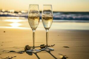 Serene Champagne glasses beach. Generate Ai photo