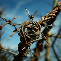 Intimidating Barbed wire field closeup. Generate Ai photo