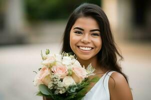 Hispanic bride with flowers happy smile. Generate Ai photo