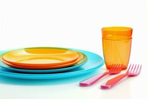 Bright plastic tableware isolated on white background. Generate Ai photo