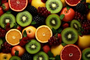 Vibrant Fruit background topview. Generate Ai photo