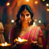 hermosa indio novia en rojo lehenga mirando a el cámara, tradicional indio boda, generativo ai foto