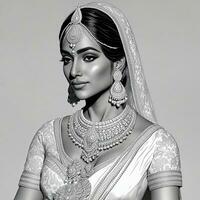 Beautiful Indian Bride in red lehenga looking at the camera, Traditional Indian Wedding, Generative AI photo