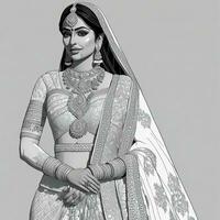 hermosa indio novia en rojo lehenga mirando a el cámara, tradicional indio boda, generativo ai foto