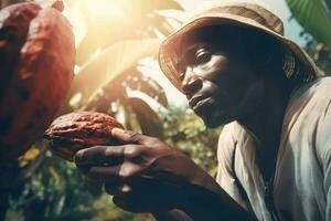 Black farmer picking cocoa crop. Generate ai photo