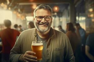 alegre barbado hombre con lentes participación vaso de cerveza. generar ai foto