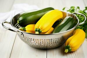Fresh squashes and zucchini in stainless colander pot. Generate Ai photo