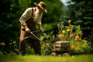 industrioso jardinero siega césped. generar ai foto