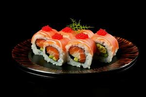 Delicious sushi served on red plate food. Generate Ai photo