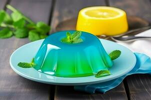 Plate of lemon jelly mint tasty food. Generate Ai photo