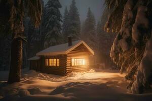 Cozy cabin snow. Generate Ai photo