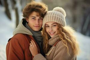 Cute young couple in warm clothes outdoors winter. Generate Ai photo