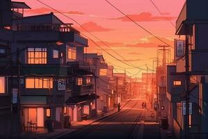 Tokyo sunset city anime style. Generate Ai photo