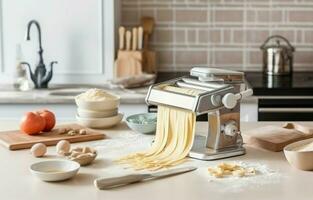 Pasta maker with dough and products on wooden table. Generate Ai photo