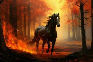 Nocturnal Fire horse in night forest. Fog fantasy night photo