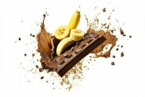 Broken chocolate bar with yummy banana. Generate Ai photo