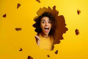 Woman surprised hole yellow feeling. Generate Ai photo