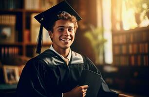 contento sonriente estudiante en túnica con diploma. generar ai foto