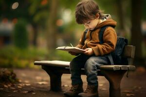 Cute little boy writing in paper notebook new stories. Generate Ai photo