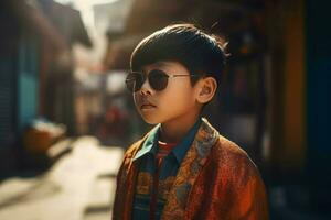 Chinese little boy wearing sunglasses. Generate ai photo