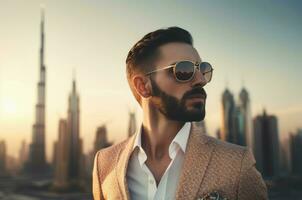 elegante Rico hombre cerca rascacielos en Gafas de sol. generar ai foto