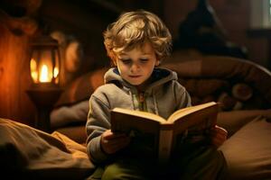 Cute little boy reading book at home before dreaming. Generate ai photo