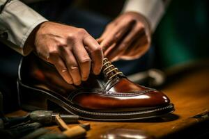 Shoe polishing closeup. Generate Ai photo
