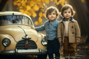 Cute children near old retro car autumn shot. Generate Ai photo