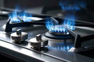 Closeup photo of gas cooker with burning blue flame. Generate ai