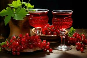Fresh red currants in glasses on table on black background. Generate Ai photo