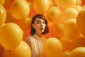 Woman surrounded balloons. Generate ai photo