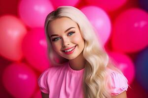 Lady with pink balloons background. Generate AI photo