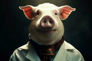 Anthropomorphic pig wearing doctor medical uniform. Generate ai photo