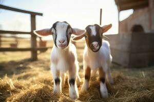 linda pequeño cabras dentro de paddock a granja. generar ai foto