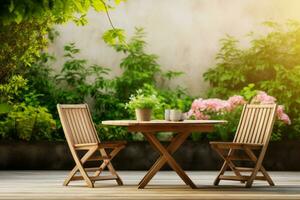 Bucolic Garden wooden furniture background. Generate Ai photo